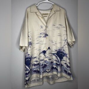 Vintage-Inspired Ivory Hawaiian Shirt with Navy Wave & Marlin Print